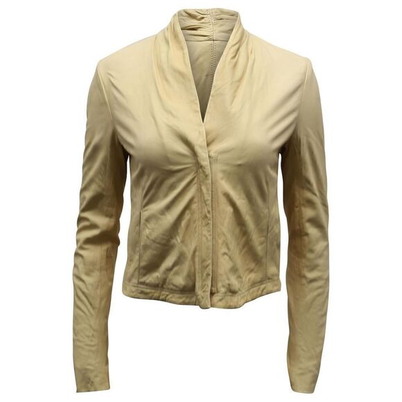 Theory Lavella Lambskin Leather Sand Beige Crop Jacket Sz Womens 4 - Picture 1 of 12